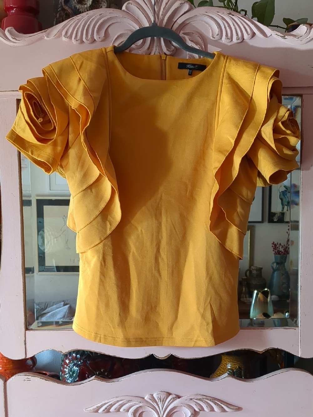 Ruffle / Rosette Sleeve Tshirt Blouse in Mustard Yellow